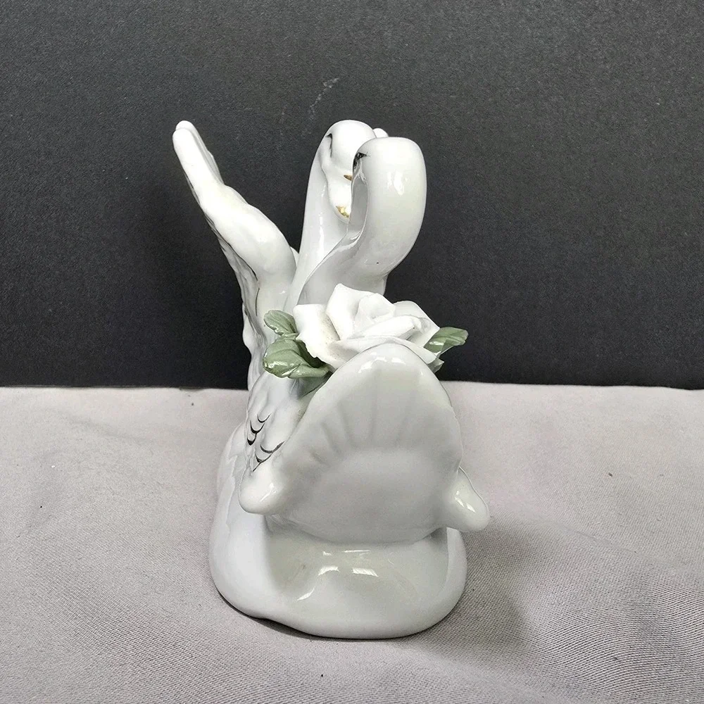 Porcelain Swan Figurine Vintage MCM Inspired Love Roses 4.5x3